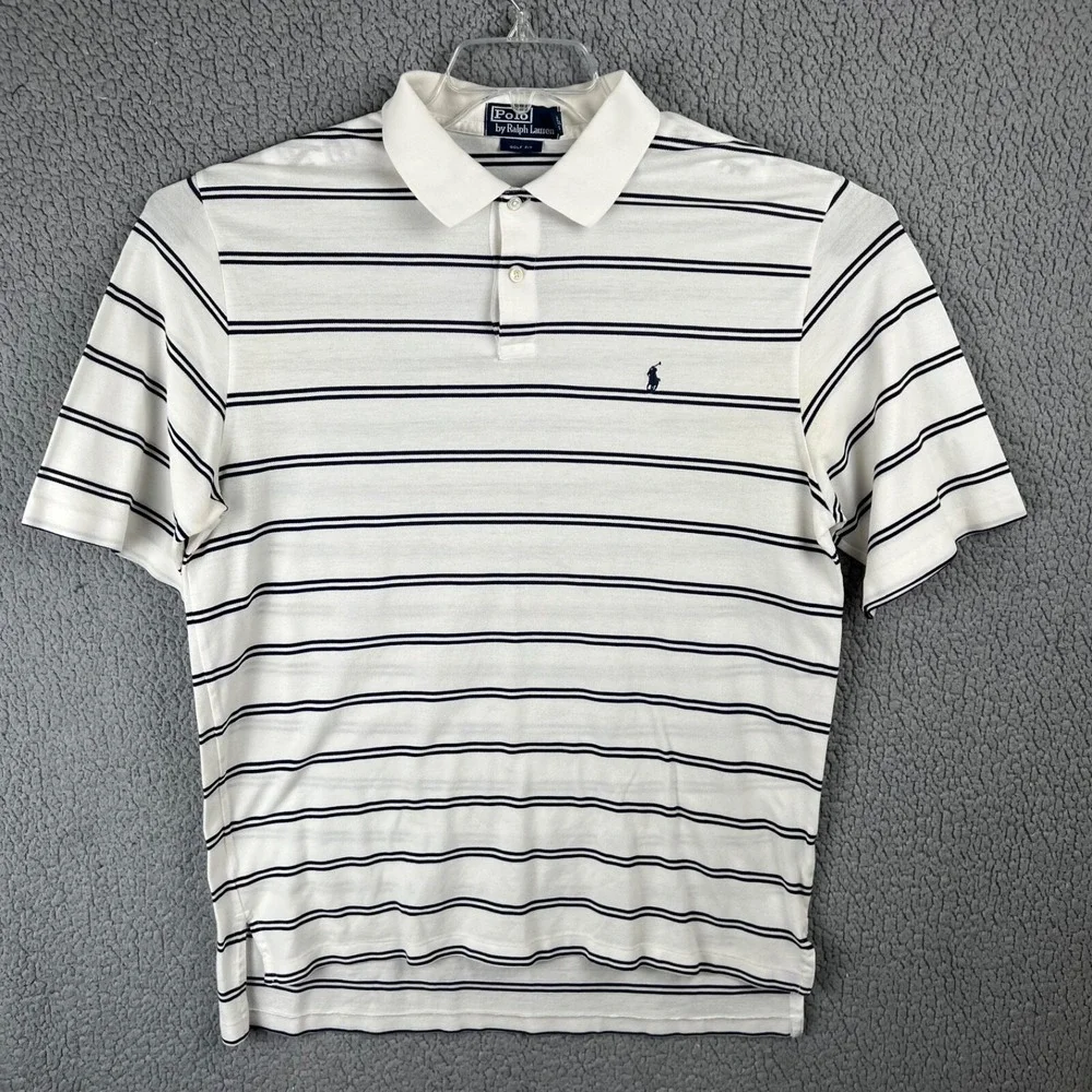 Ralph Lauren Polo Shirt Mens Large White Blue Striped Golf‎ Fit Casual Supima